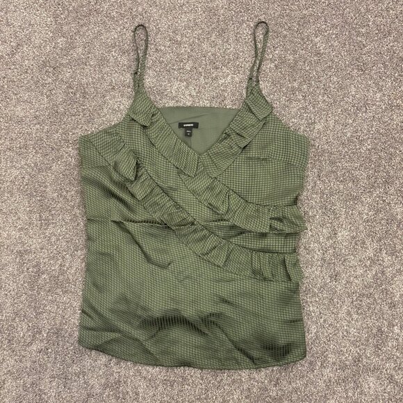 Express Women's Satin Downtown Cami Size XS Green V-Neck Ruffle Front NWT $48 - Picture 5 of 16